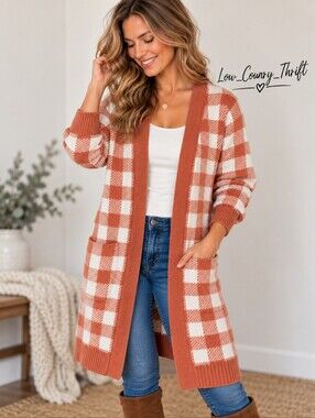 Kirundo Size L Orange Cream Buffalo Plaid Duster Cardigan